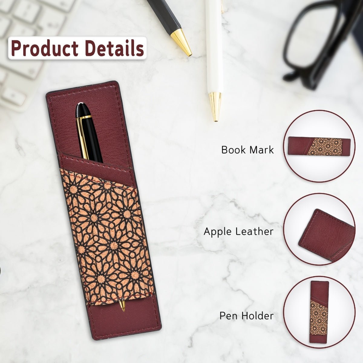 Pen Holder with Slot – Vegan Leather & Printed Cork (Maroon) – Bookmarks on Brown Living™. SKU: CPBMGH0001. Img 2.