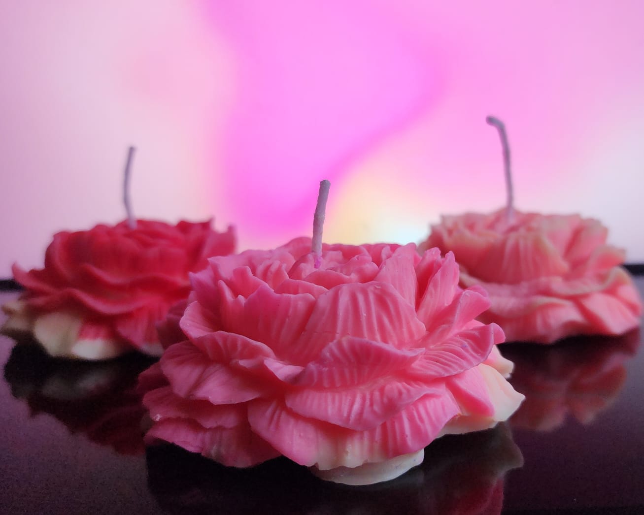 Peony Decorative Candles – Set of 3 | Hand - Poured Floral Design – Candles & Fragrances on Brown Living™. SKU: CCPeony_01. Img 3.