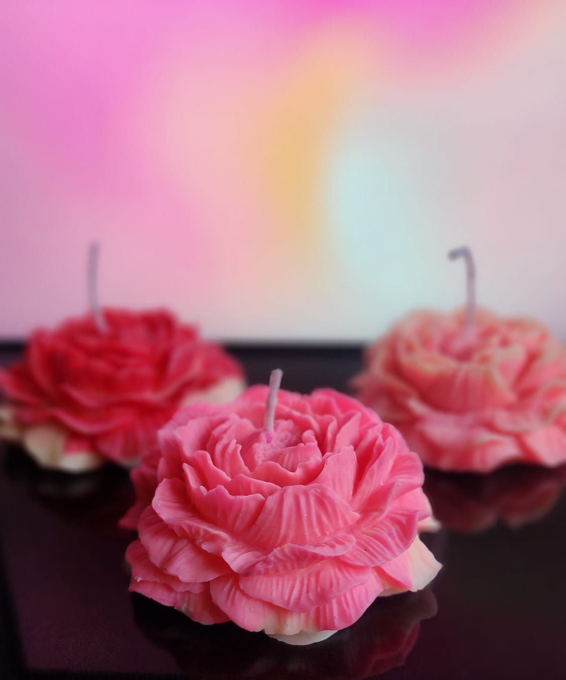 Peony Decorative Candles – Set of 3 | Hand - Poured Floral Design – Candles & Fragrances on Brown Living™. SKU: CCPeony_01. Img 2.