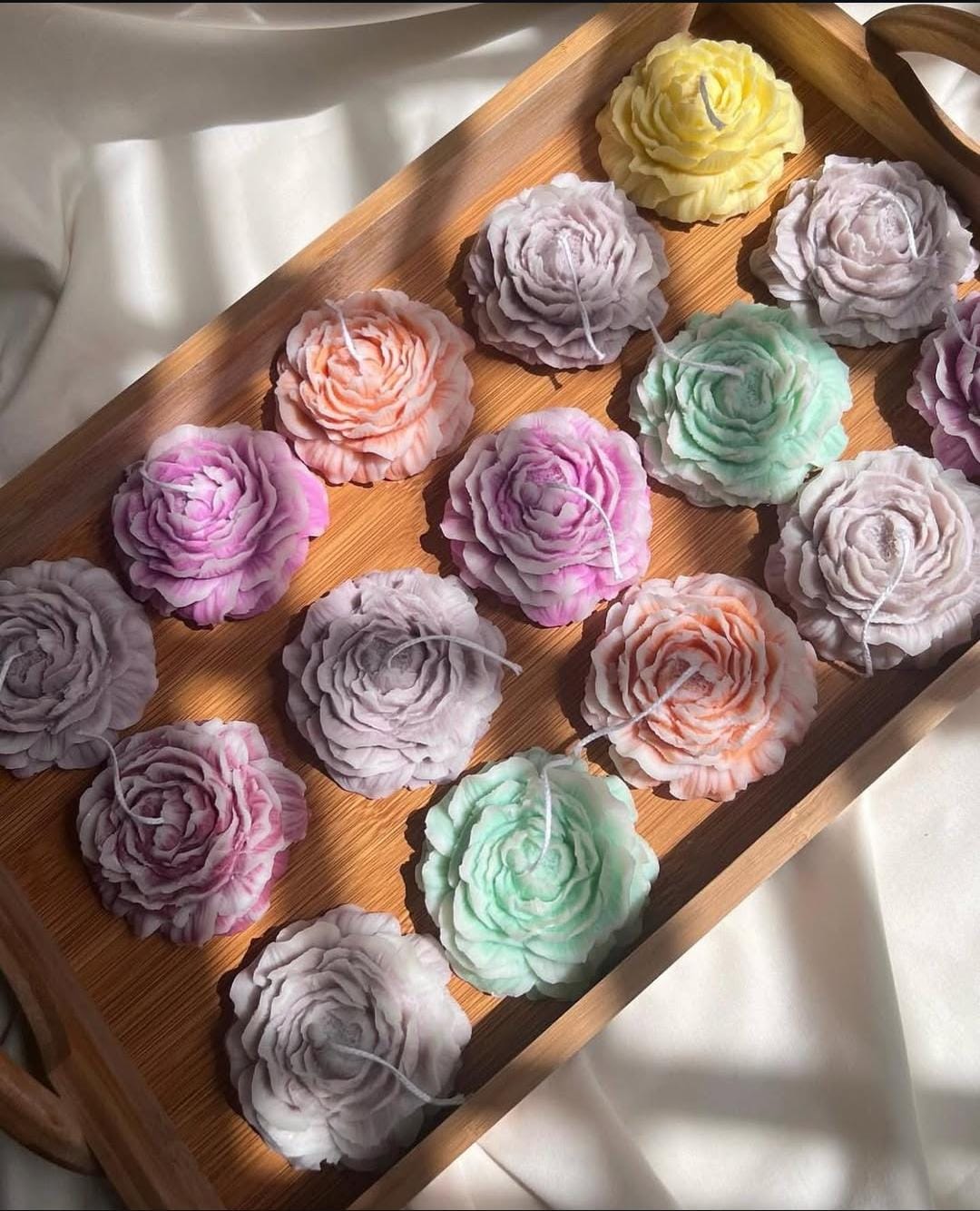 Peony Decorative Candles – Set of 3 | Hand - Poured Floral Design – Candles & Fragrances on Brown Living™. SKU: CCPeony_01. Img 4.