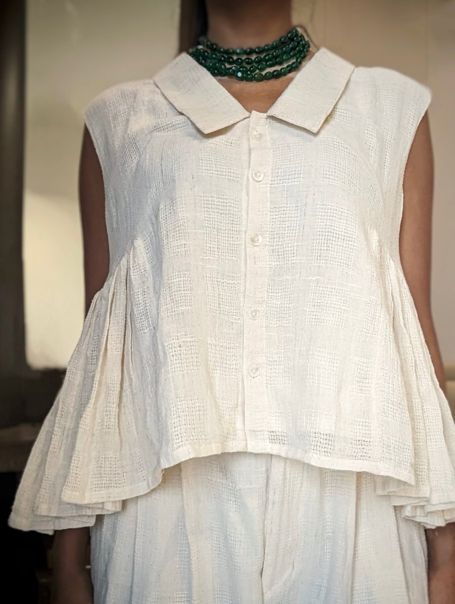 Peter Pan Pleated Top – Stylish Women’s Blouse with Collar Design – Womens Top by vēva available on Brown Living™. Xs . SKU: V - V - TM - 120. Img 2.