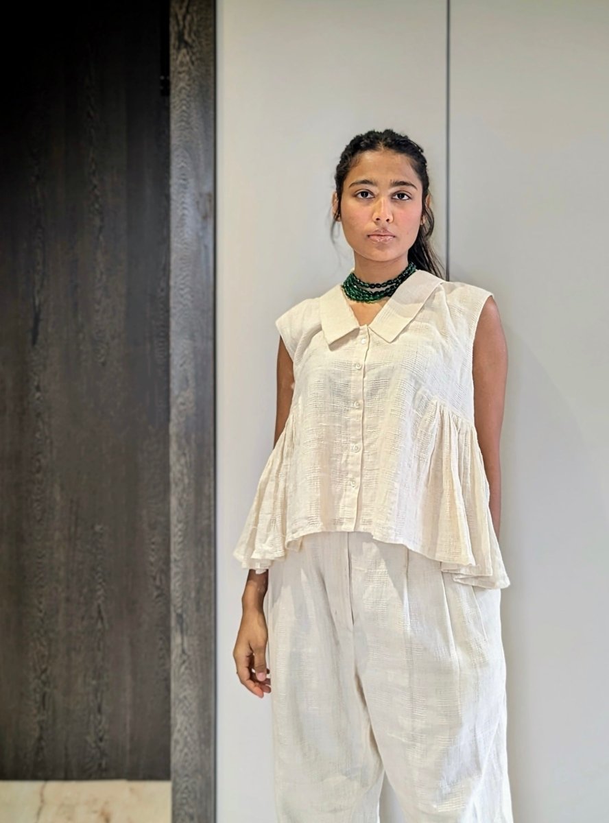 Peter Pan Pleated Top – Stylish Women’s Blouse with Collar Design – Womens Top by vēva available on Brown Living™. Xs . SKU: V - V - TM - 120. Img 1.