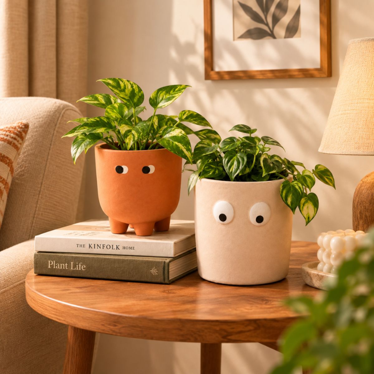 Petite Face Planter Set of 2 | Orange & White Decorative Planters – Ceramic Planter on Brown Living™. SKU: D-483. Img 1.