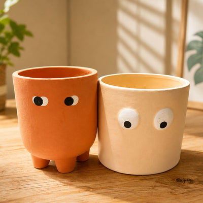 Petite Face Planter Set of 2 | Orange & White Decorative Planters – Ceramic Planter on Brown Living™. SKU: D-483. Img 7.