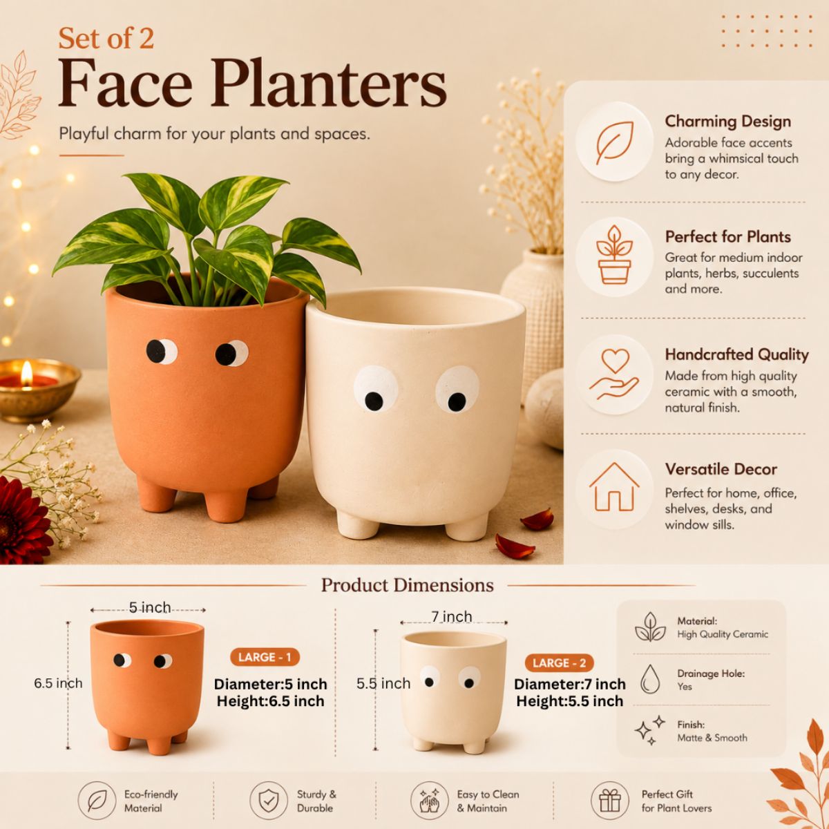 Petite Face Planter Set of 2 | Orange & White Decorative Planters – Ceramic Planter on Brown Living™. SKU: D-483. Img 6.