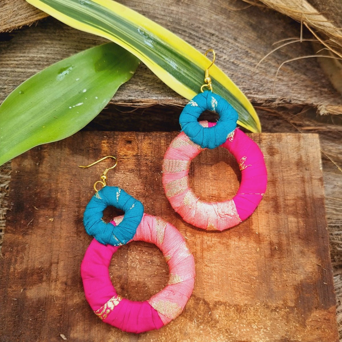 Phalgun Upcycled Textile Earring - Pink and Blue | Verified Sustainable by Brown Living™