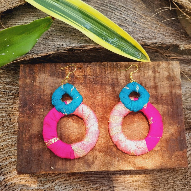 Phalgun Upcycled Textile Earring - Pink and Blue | Verified Sustainable by Brown Living™