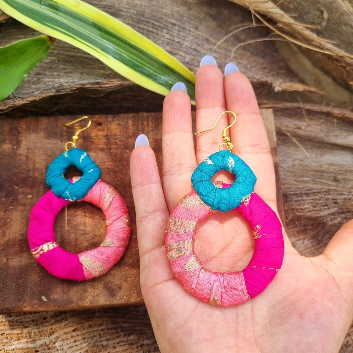 Phalgun Upcycled Textile Earring - Pink and Blue | Verified Sustainable by Brown Living™