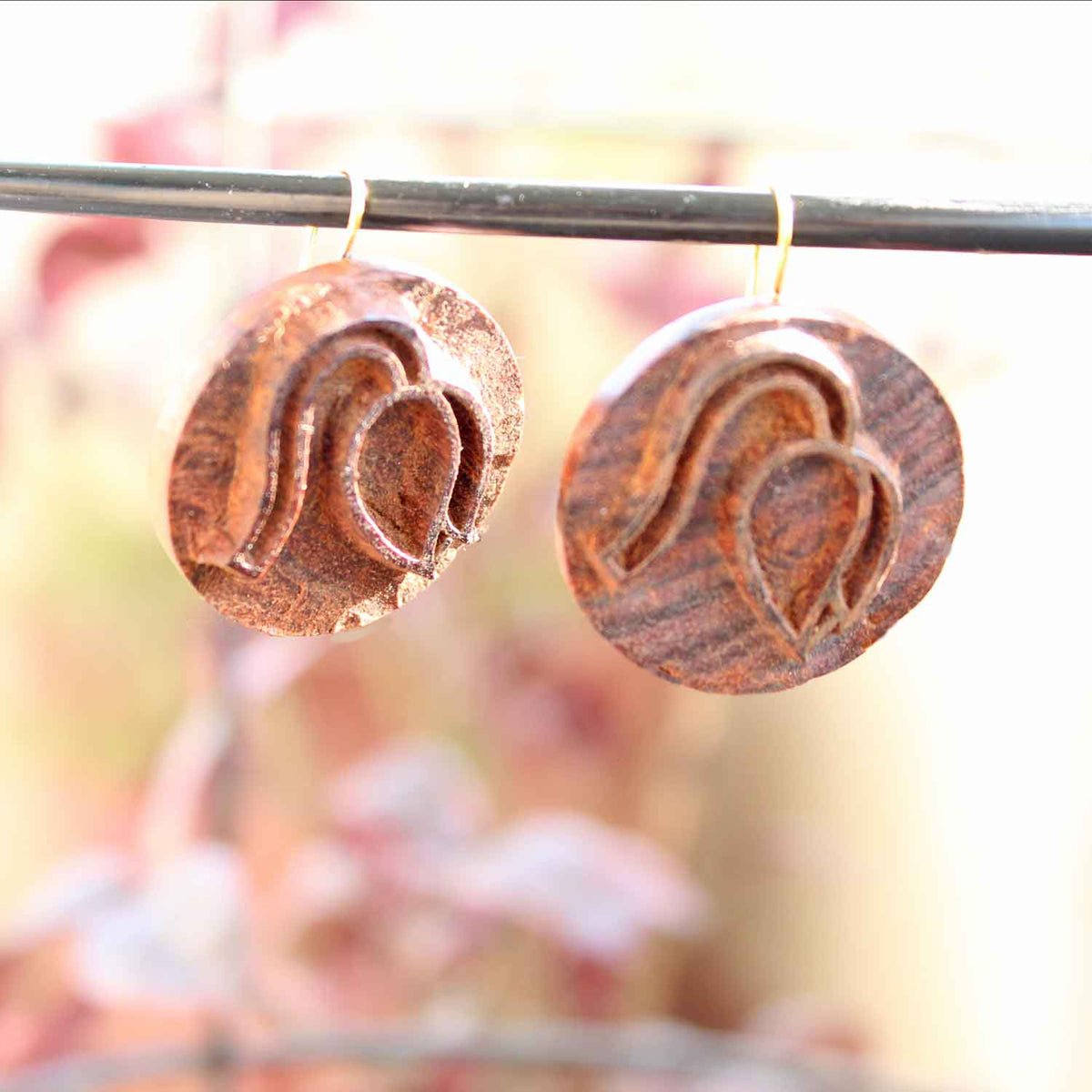 Phalguni Rekh Wooden Earrings with Wood Block Carving} – Jewellery on Brown Living™. SKU: UARKHWJER003. Img 2.