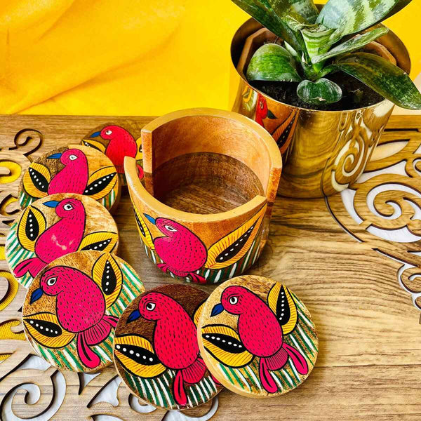 Pihu Round Handcrafted Mango Wood Coaster with Holder (Set of 6) | Verified Sustainable Coasters on Brown Living™