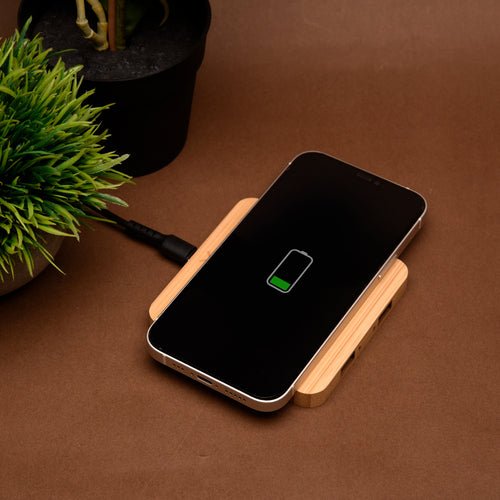 Pine 15W Square Bamboo Wireless Charger With USB Hub – Desk Accessories on Brown Living™. SKU: WAW9002. Img 1.