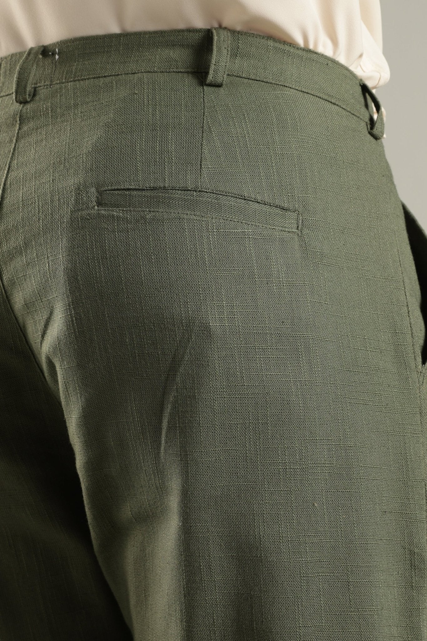 Pine Green Pure Linen Trousers Breathable Minimal Pants – Mens Pants on Brown Living™. SKU: LN-GR-TR-30. Img 4.