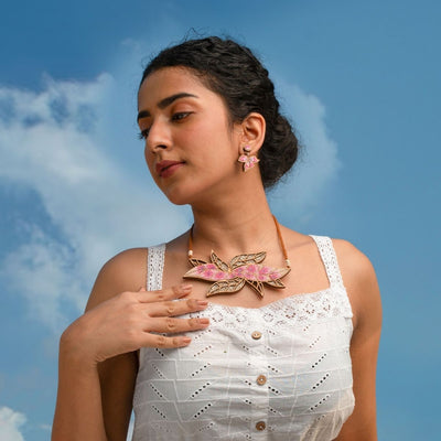 Pink Bloom Leaf Motif Repurposed Fabric Wood Necklace Earrings – Womens Earrings on Brown Living™. SKU: JCC034. Img 2.