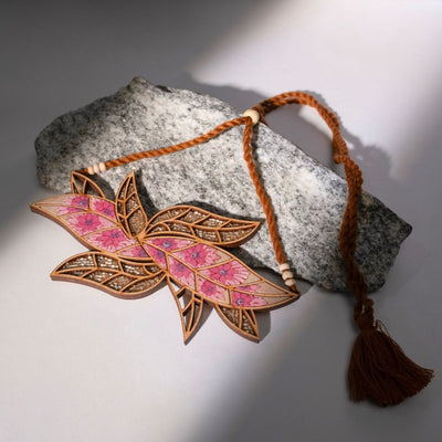 Pink Bloom Leaf Motif Repurposed Fabric Wood Necklace Earrings – Womens Earrings on Brown Living™. SKU: JCC034. Img 4.