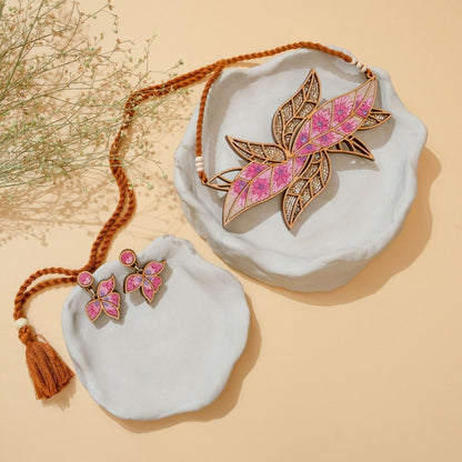 Pink Bloom Leaf Motif Repurposed Fabric Wood Necklace Earrings – Womens Earrings on Brown Living™. SKU: JCC034. Img 3.