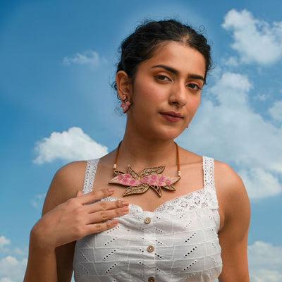 Pink Bloom Leaf Motif Repurposed Fabric Wood Necklace Earrings – Womens Earrings on Brown Living™. SKU: JCC034. Img 1.