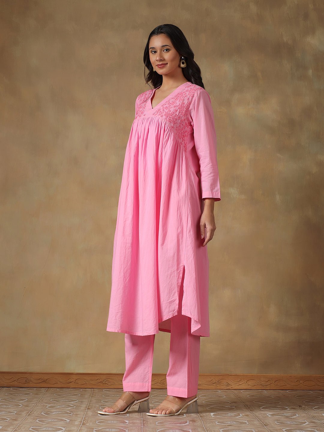 Pink Cotton Chikankari Lucknowi Kurta - Pant Set – Womens Kurta on Brown Living™. SKU: IHANKPS01SP. Img 5.