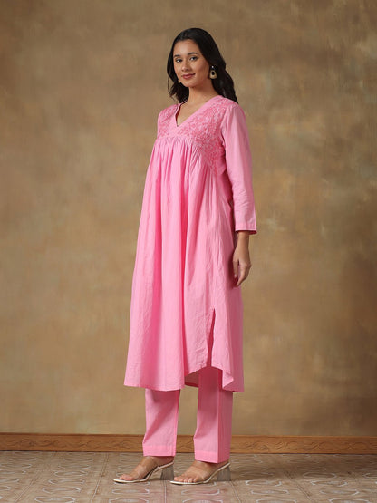 Pink Cotton Chikankari Lucknowi Kurta - Pant Set – Womens Kurta on Brown Living™. SKU: IHANKPS01SP. Img 5.