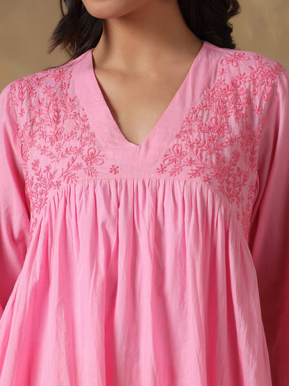 Pink Cotton Chikankari Lucknowi Kurta - Pant Set – Womens Kurta on Brown Living™. SKU: IHANKPS01SP. Img 7.