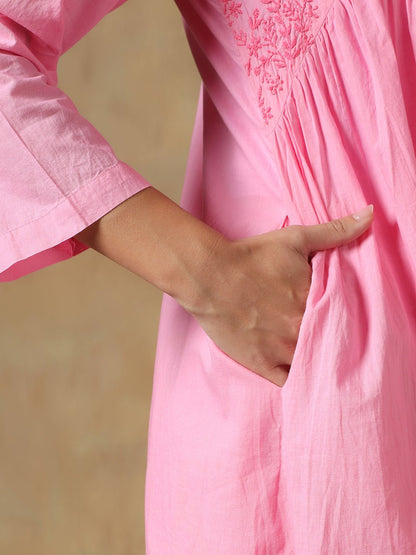 Pink Cotton Chikankari Lucknowi Kurta - Pant Set – Womens Kurta on Brown Living™. SKU: IHANKPS01SP. Img 6.