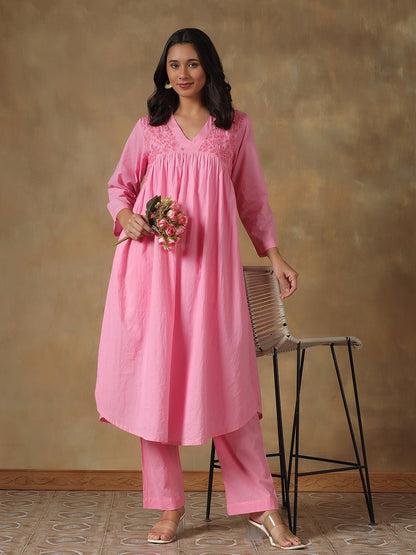 Pink Cotton Chikankari Lucknowi Kurta - Pant Set – Womens Kurta on Brown Living™. SKU: IHANKPS01SP. Img 2.