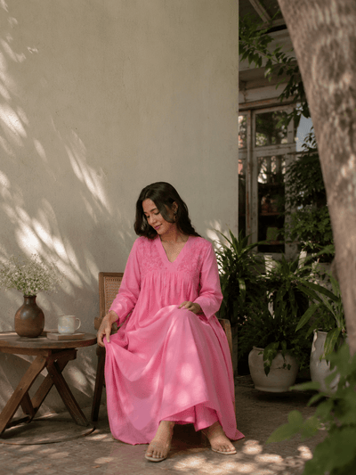 Pink Cotton Chikankari Lucknowi Kurta-Pant Set – Womens Kurta on Brown Living™. SKU: IHANKPS01SP. Img 1.