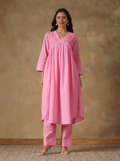Pink Cotton Chikankari Lucknowi Kurta - Pant Set – Womens Kurta on Brown Living™. SKU: IHANKPS01SP. Img 1.
