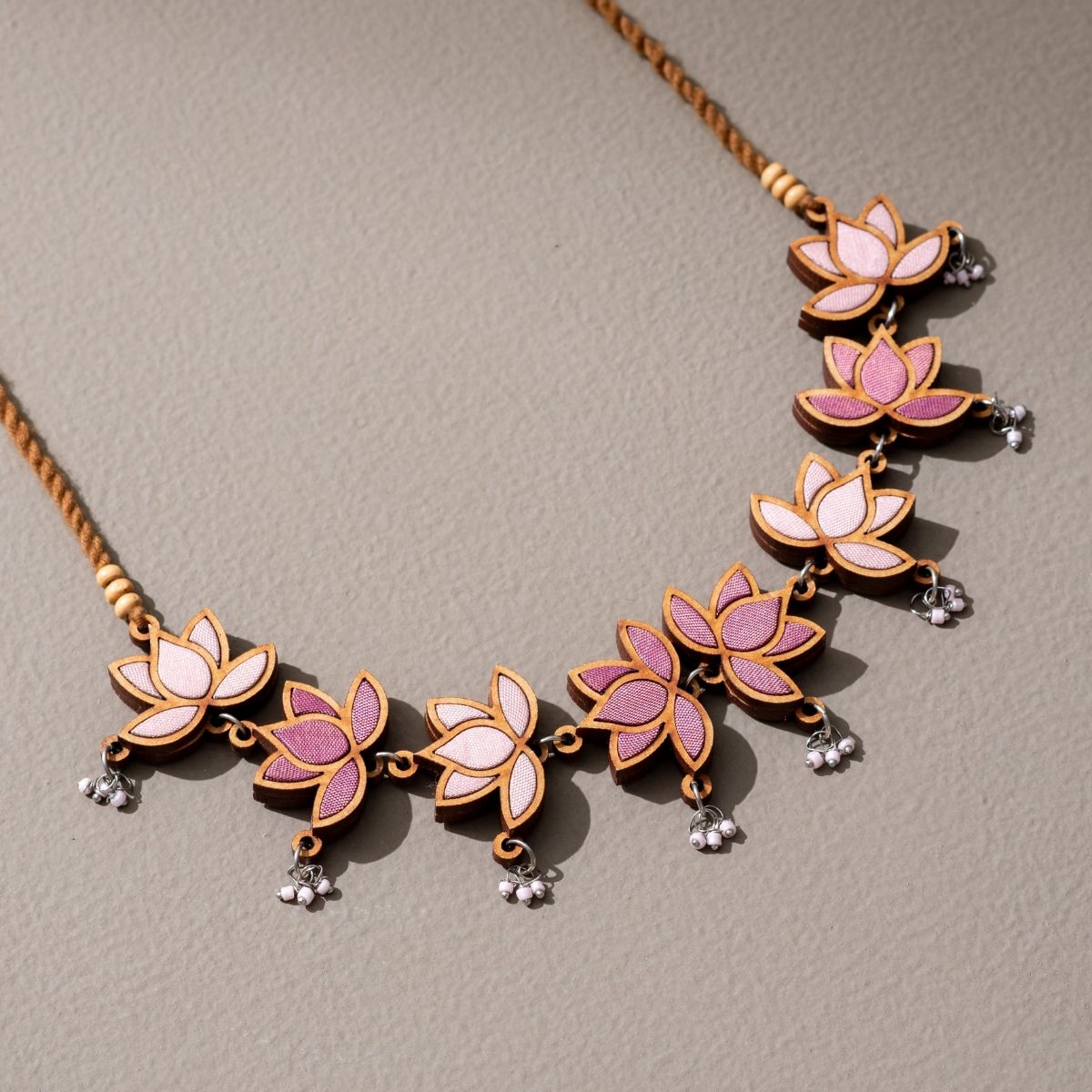 Pink Festive Lotus Repurposed Fabric & Wood| Choker & Earrings Set – Womens Earrings on Brown Living™. SKU: JCC027. Img 3.