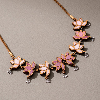 Pink Festive Lotus Repurposed Fabric & Wood| Choker & Earrings Set – Womens Earrings on Brown Living™. SKU: JCC027. Img 3.