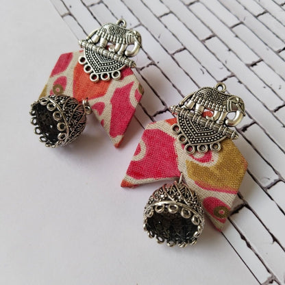 Pink Floral Printed Fabric Elephant Charm Oxidised Jhumka | Verified Sustainable by Brown Living™