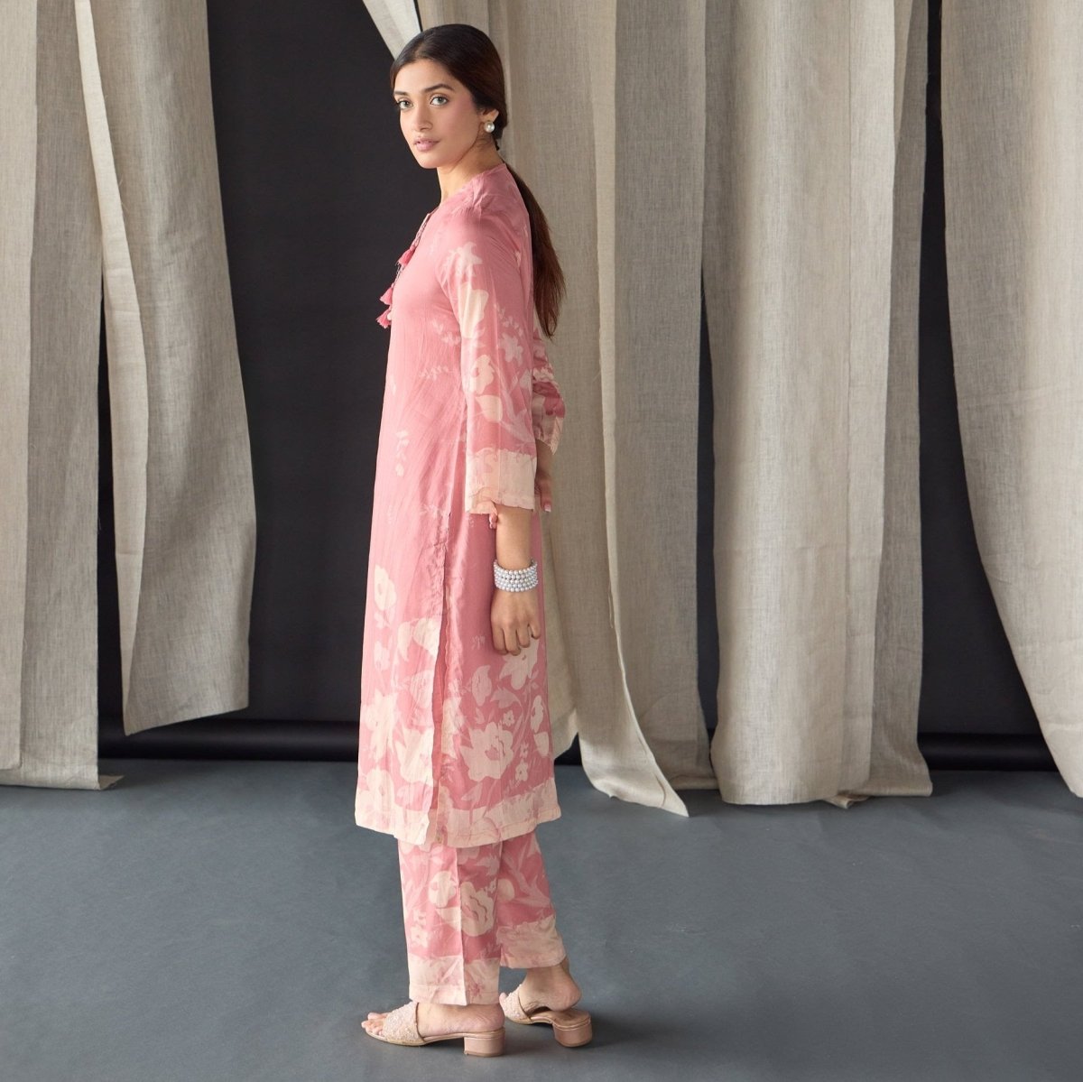 Pink Floral Tencel Kurta (Set of 2) | Verified Sustainable Womens Kurta on Brown Living™