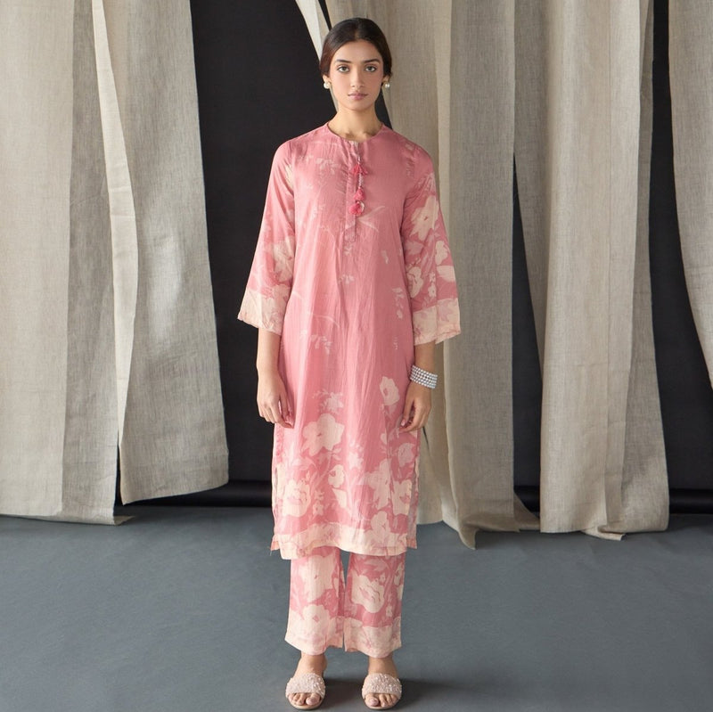 Pink Floral Tencel Kurta (Set of 2) | Verified Sustainable Womens Kurta on Brown Living™