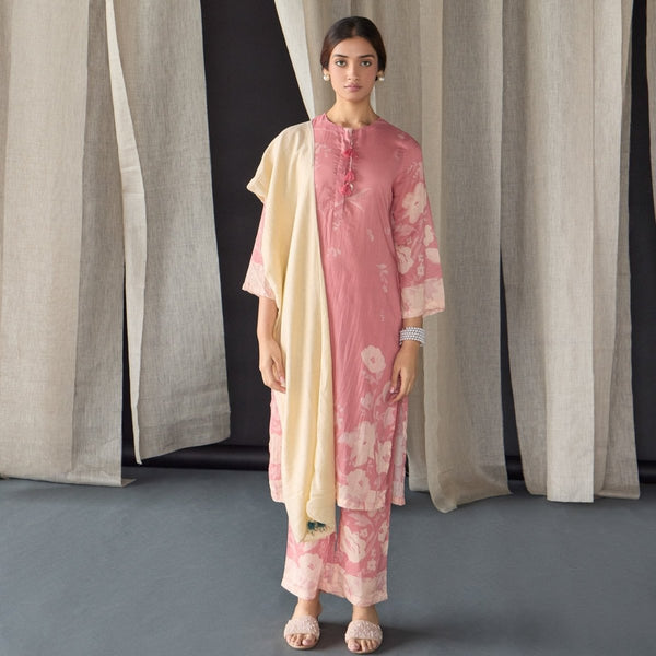 Pink Floral Tencel Kurta (Set of 3) | Verified Sustainable by Brown Living™