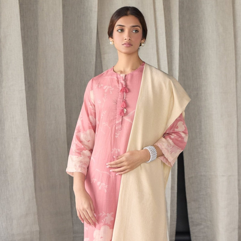 Pink Floral Tencel Kurta (Set of 3) | Verified Sustainable Womens Kurta on Brown Living™