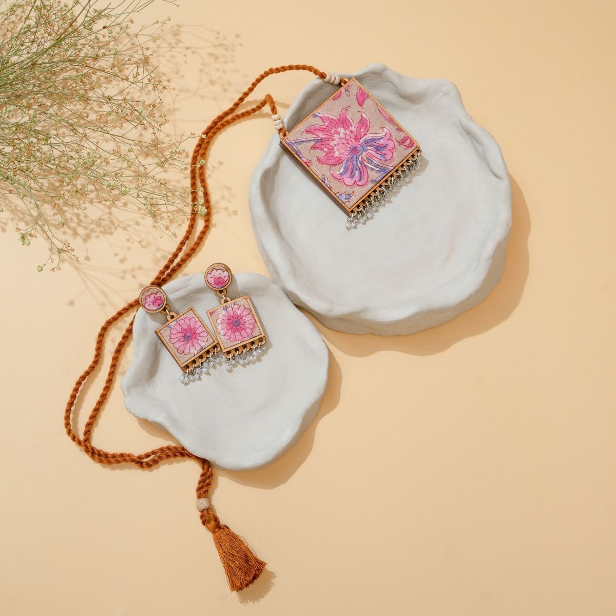 Pink & Green Square Repurposed Fabric and Wood Pendant Earring Set – Womens Earrings on Brown Living™. SKU: JCC045. Img 3.
