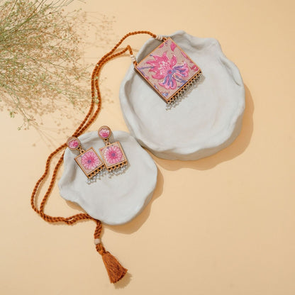 Pink & Green Square Repurposed Fabric and Wood Pendant Earring Set – Womens Earrings on Brown Living™. SKU: JCC045. Img 3.