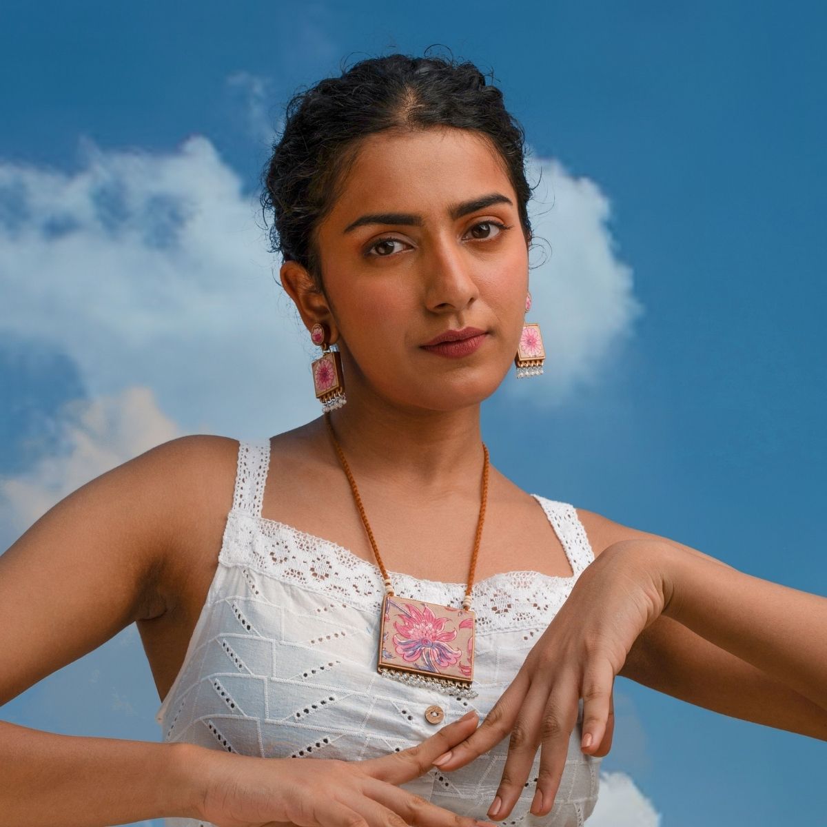 Pink & Green Square Repurposed Fabric and Wood Pendant Earring Set – Womens Earrings on Brown Living™. SKU: JCC045. Img 1.