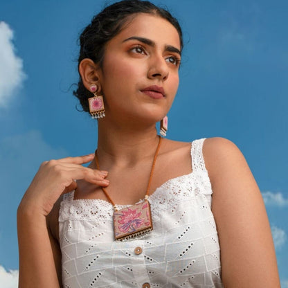 Pink & Green Square Repurposed Fabric and Wood Pendant Earring Set – Womens Earrings on Brown Living™. SKU: JCC045. Img 2.