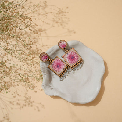 Pink & Green Square Repurposed Fabric and Wood Pendant Earring Set – Womens Earrings on Brown Living™. SKU: JCC045. Img 5.