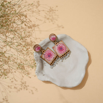 Pink & Green Square Repurposed Fabric and Wood Pendant Earring Set – Womens Earrings on Brown Living™. SKU: JCC045. Img 5.