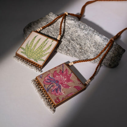 Pink & Green Square Repurposed Fabric and Wood Pendant Earring Set – Womens Earrings on Brown Living™. SKU: JCC045. Img 4.