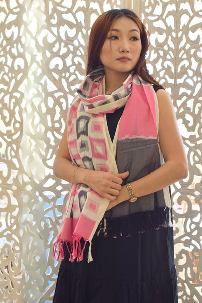 Pink Ikat Handwoven Stole | Artisan Woven Cotton Stole – Womens Scarf on Brown Living™. SKU: EKL_02. Img 2.