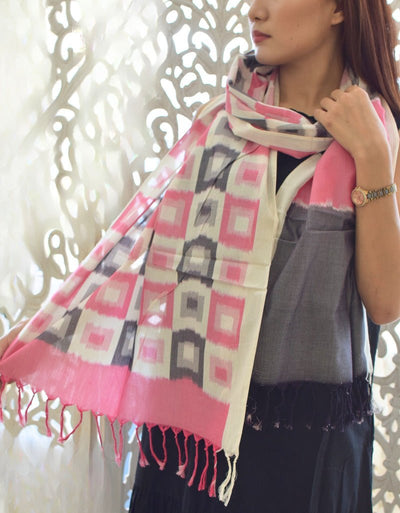 Pink Ikat Handwoven Stole | Artisan Woven Cotton Stole – Womens Scarf on Brown Living™. SKU: EKL_02. Img 1.