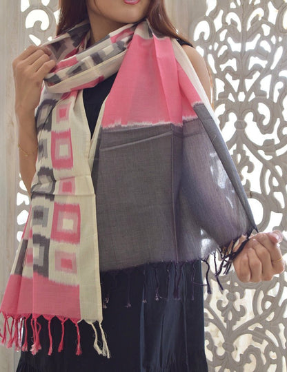 Pink Ikat Handwoven Stole | Artisan Woven Cotton Stole – Womens Scarf on Brown Living™. SKU: EKL_02. Img 4.
