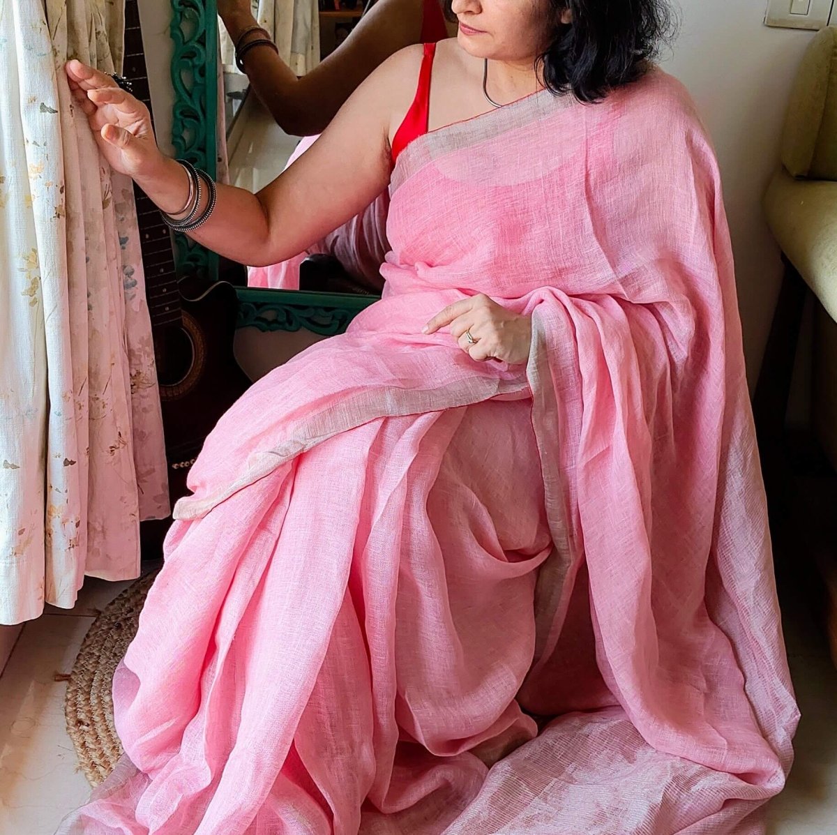 Pink Linen Saree with Zari border – Womens Saree by Forsarees available on Brown Living™. . SKU: K - 1017. Img 1.