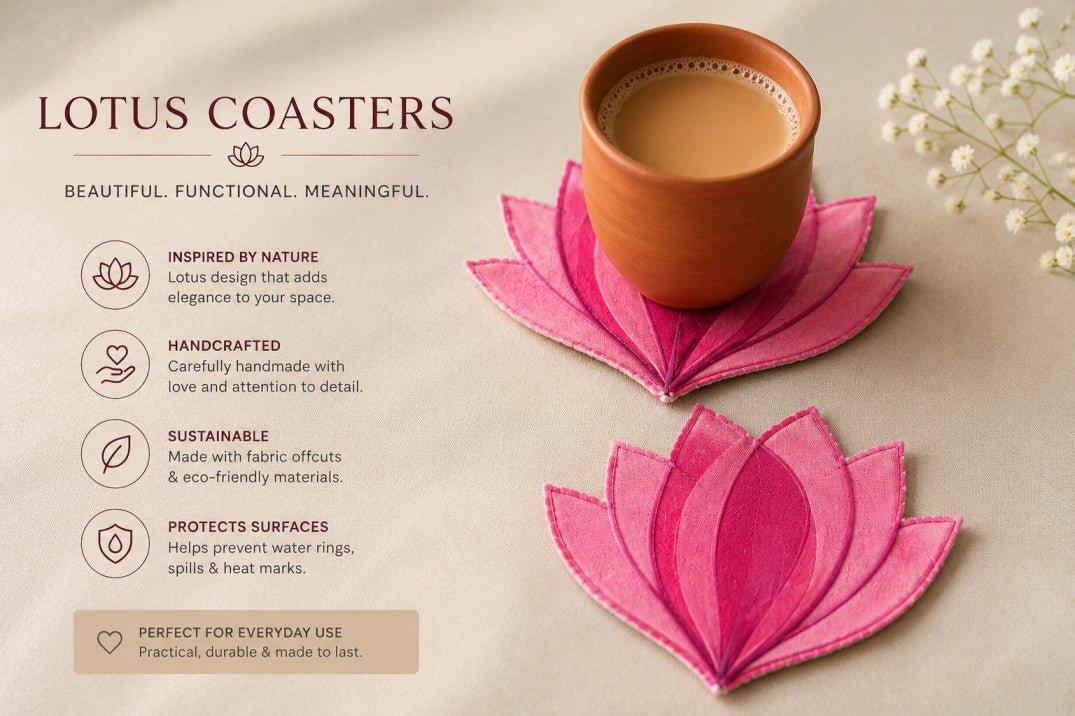 Pink Lotus Fabric Coasters | Handcrafted Table Décor Set Of 4 – Coasters on Brown Living™. SKU: CA01. Img 5.