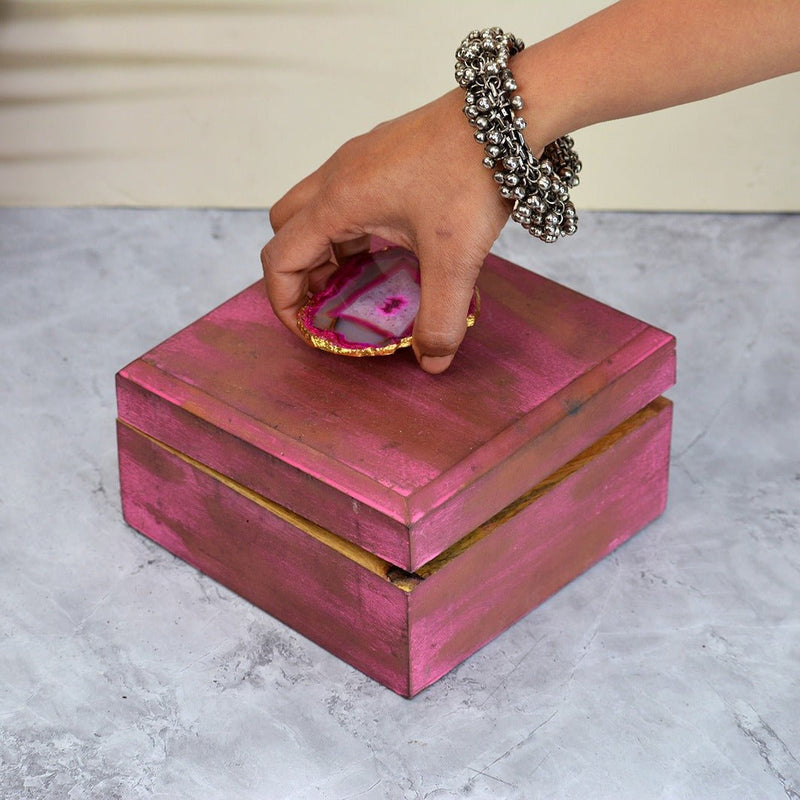 Pink Mango Wood Box with Agate Knob | Verified Sustainable Organizers on Brown Living™