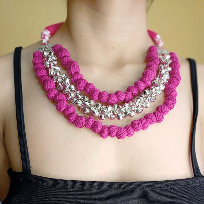 Pink Pom Pom Ghungroo Choker Plus Long Necklace | Verified Sustainable by Brown Living™