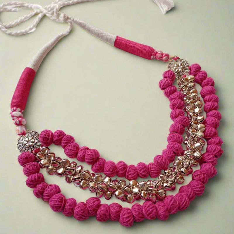 Pink Pom Pom Ghungroo Choker Plus Long Necklace | Verified Sustainable by Brown Living™