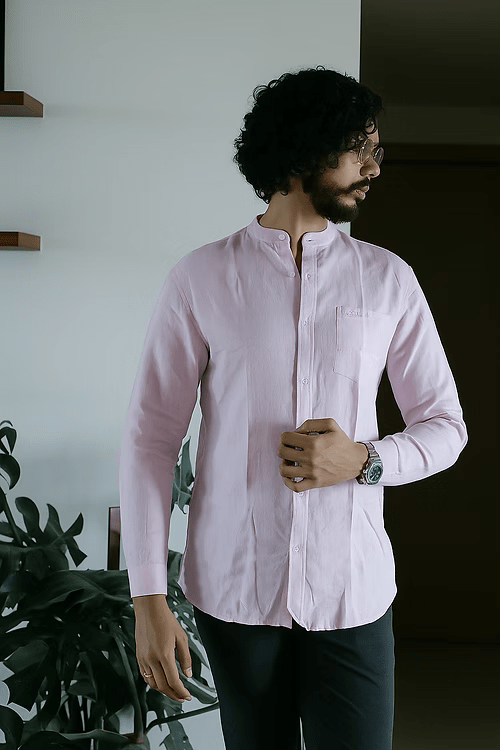 Pink Pure Linen Mandarin - Long Sleeve Shirt – Men Shirt on Brown Living™. SKU: ANTPLMLSSPM. Img 1.